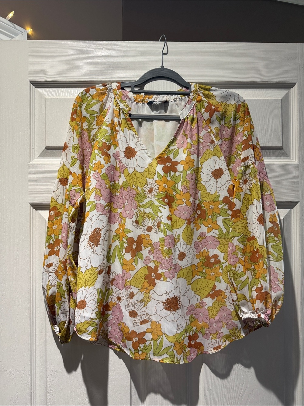 Floral V-Neck Long Sleeve Blouse - Pink, Mustard & White